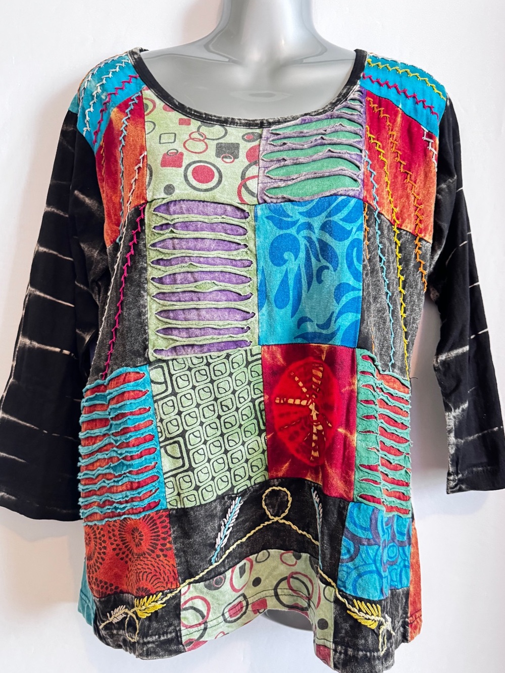 Rising International Patchwork Top L Boho‎ Artsy Lagenlook Colorful Print